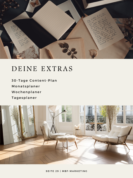 Das Marketing Workbook KOSTENLOS bei MBF-Marketing Helle Wohnlandschaft mit Stühlen, Organisator und Notizen auf einem Tisch.