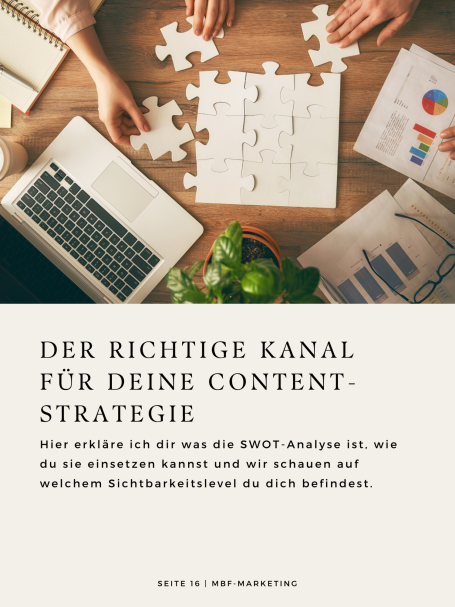 Das Marketing Workbook KOSTENLOS bei MBF-Marketing Eine Schreibtischszene mit Puzzlestücken und dem Text zur Content-Strategie.