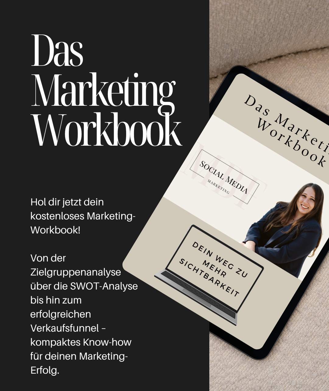 Das Marketing Workbook KOSTENLOS bei MBF-Marketing Ein Tablet zeigt das Cover des Marketing Workbooks mit einer Frau und Titeltext.